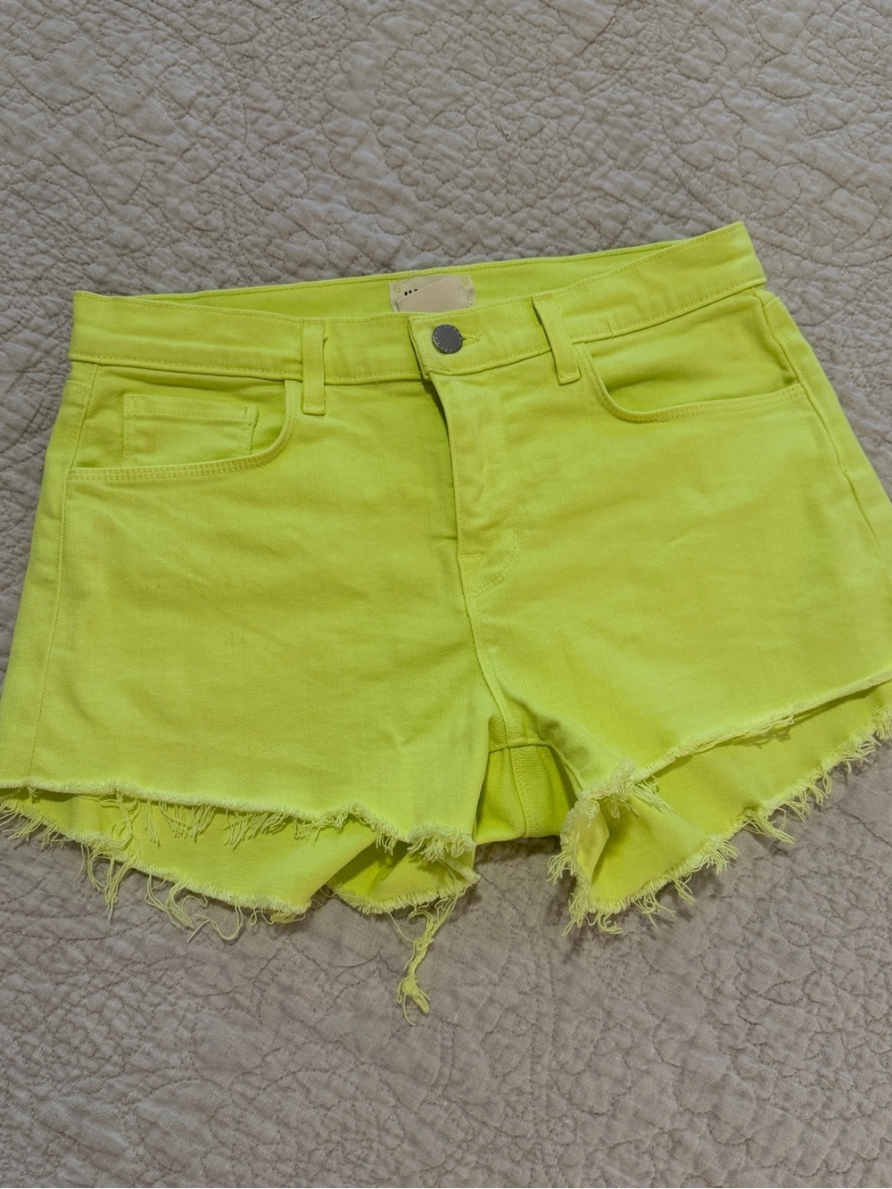L'AGENCE Neon Yellow Frayed Hem Denim Shorts